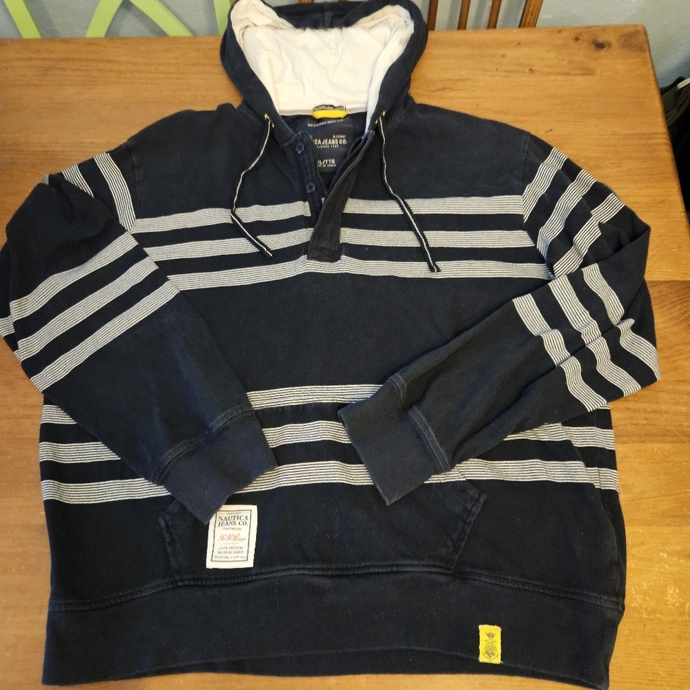 Nautica Jeans Co Mens Striped Rugby Hoodie Navy & White Stripes XXL